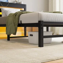 Okwish Lit Simple 90x200 cm, Lit Métal Ado avec Éclairage LED et Prises USB, Rangement dessous, Sans Matelas, Métal et Bois, Noir* Lit Simple