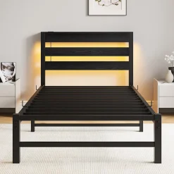 Okwish Lit Simple 90x200 cm, Lit Métal Ado avec Éclairage LED et Prises USB, Rangement dessous, Sans Matelas, Métal et Bois, Noir* Lit Simple