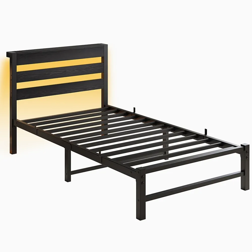 Okwish Lit Simple 90x200 cm, Lit Métal Ado avec Éclairage LED et Prises USB, Rangement dessous, Sans Matelas, Métal et Bois, Noir* Lit Simple
