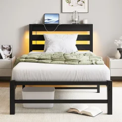 Okwish Lit Simple 90x200 cm, Lit Métal Ado avec Éclairage LED et Prises USB, Rangement dessous, Sans Matelas, Métal et Bois, Noir* Lit Simple