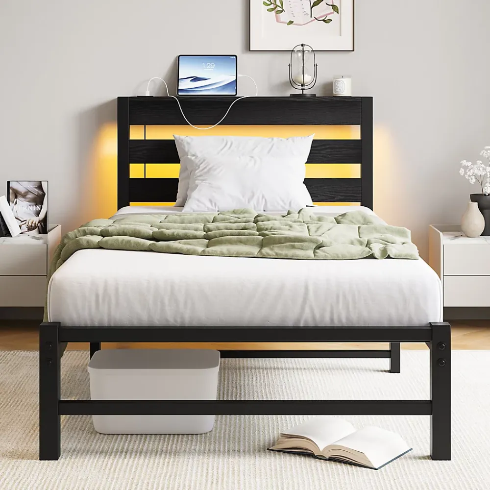 Okwish Lit Simple 90x200 cm, Lit Métal Ado avec Éclairage LED et Prises USB, Rangement dessous, Sans Matelas, Métal et Bois, Noir* Lit Simple
