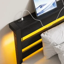 Okwish Lit Simple 90x200 cm, Lit Métal Ado avec Éclairage LED et Prises USB, Rangement dessous, Sans Matelas, Métal et Bois, Noir* Lit Simple