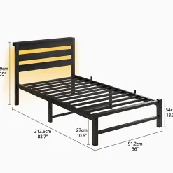 Okwish Lit Simple 90x200 cm, Lit Métal Ado avec Éclairage LED et Prises USB, Rangement dessous, Sans Matelas, Métal et Bois, Noir* Lit Simple