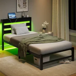 Okwish Lit Simple 90x200 cm, Lit Métal Ado avec Éclairage LED et Prises USB, Rangement dessous, Sans Matelas, Métal et Bois, Noir* Lit Simple