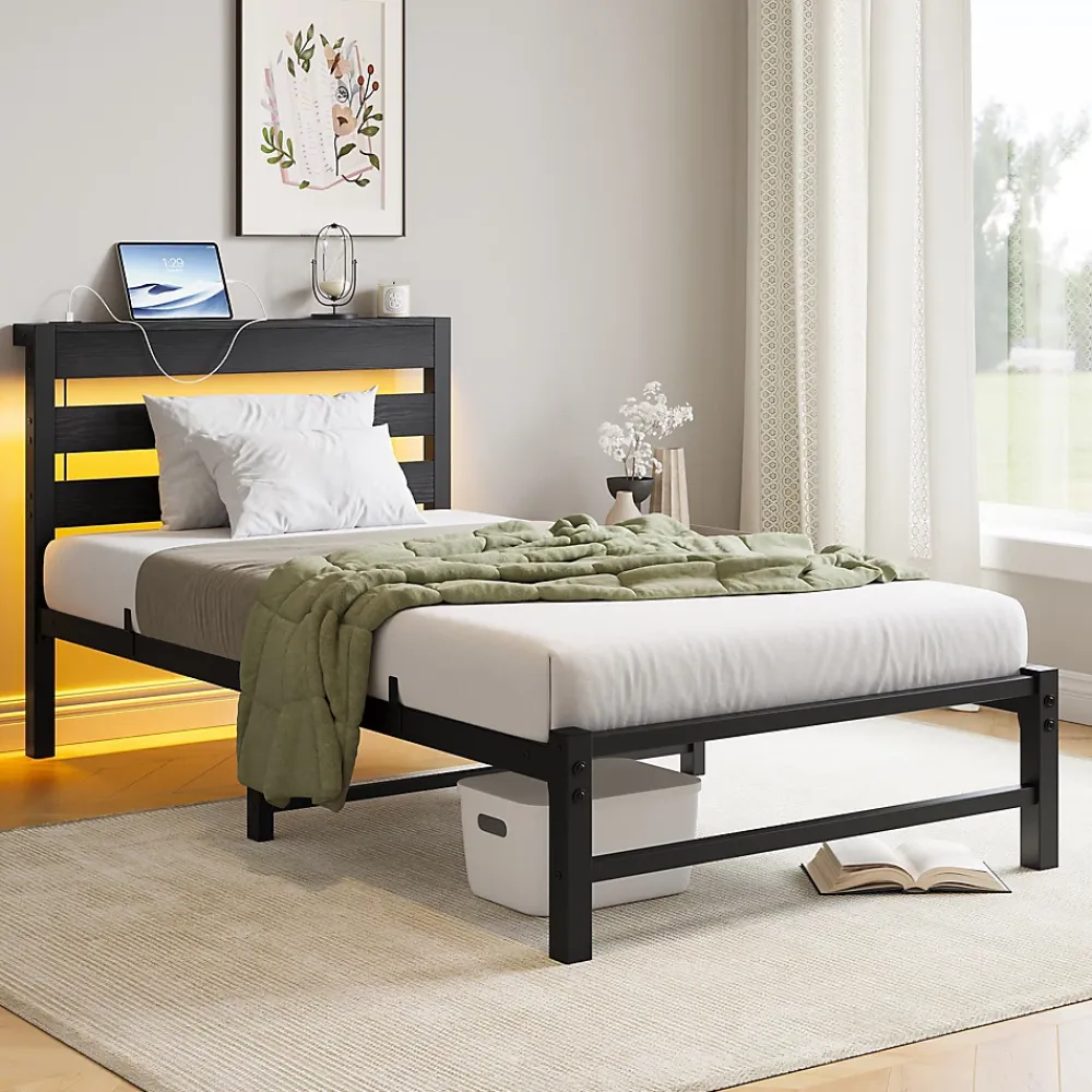 Okwish Lit Simple 90x200 cm, Lit Métal Ado avec Éclairage LED et Prises USB, Rangement dessous, Sans Matelas, Métal et Bois, Noir* Lit Simple