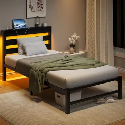 Okwish Lit Simple 90x200 cm, Lit Métal Ado avec Éclairage LED et Prises USB, Rangement dessous, Sans Matelas, Métal et Bois, Noir* Lit Simple