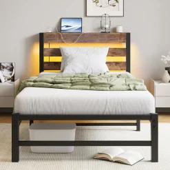 Lit Simple 90x200 cm, Lit Métal Ado avec Éclairage LED et Prises USB, Rangement dessous, Sans Matelas, Métal et Bois, Noir, Brun>Okwish Sale