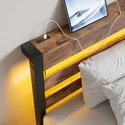 Lit Simple 90x200 cm, Lit Métal Ado avec Éclairage LED et Prises USB, Rangement dessous, Sans Matelas, Métal et Bois, Noir, Brun><noscript><img width=