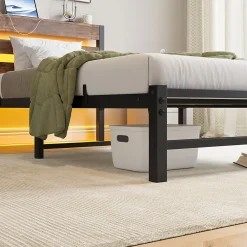 Lit Simple 90x200 cm, Lit Métal Ado avec Éclairage LED et Prises USB, Rangement dessous, Sans Matelas, Métal et Bois, Noir, Brun><noscript><img width=