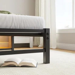 Lit Simple 90x200 cm, Lit Métal Ado avec Éclairage LED et Prises USB, Rangement dessous, Sans Matelas, Métal et Bois, Noir, Brun><noscript><img width=