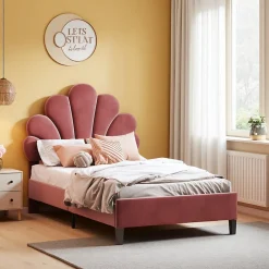 ProximaX Lit simple 90x200 cm rouge, rembourré velours, tête fleur, sommier à lattes, cadre stable, idéal pour enfant* Lit Coffre