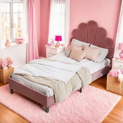 ProximaX Lit simple 90x200 cm rouge, rembourré velours, tête fleur, sommier à lattes, cadre stable, idéal pour enfant* Lit Coffre