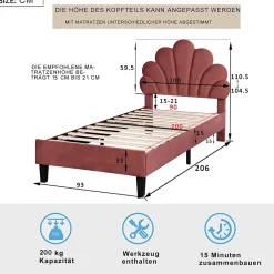 ProximaX Lit simple 90x200 cm rouge, rembourré velours, tête fleur, sommier à lattes, cadre stable, idéal pour enfant* Lit Coffre