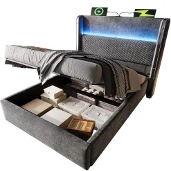 Blackcolors Lit simple 90x200 cm, tête haute, LED/USB, hydraulique, lin - gris* Lit Coffre