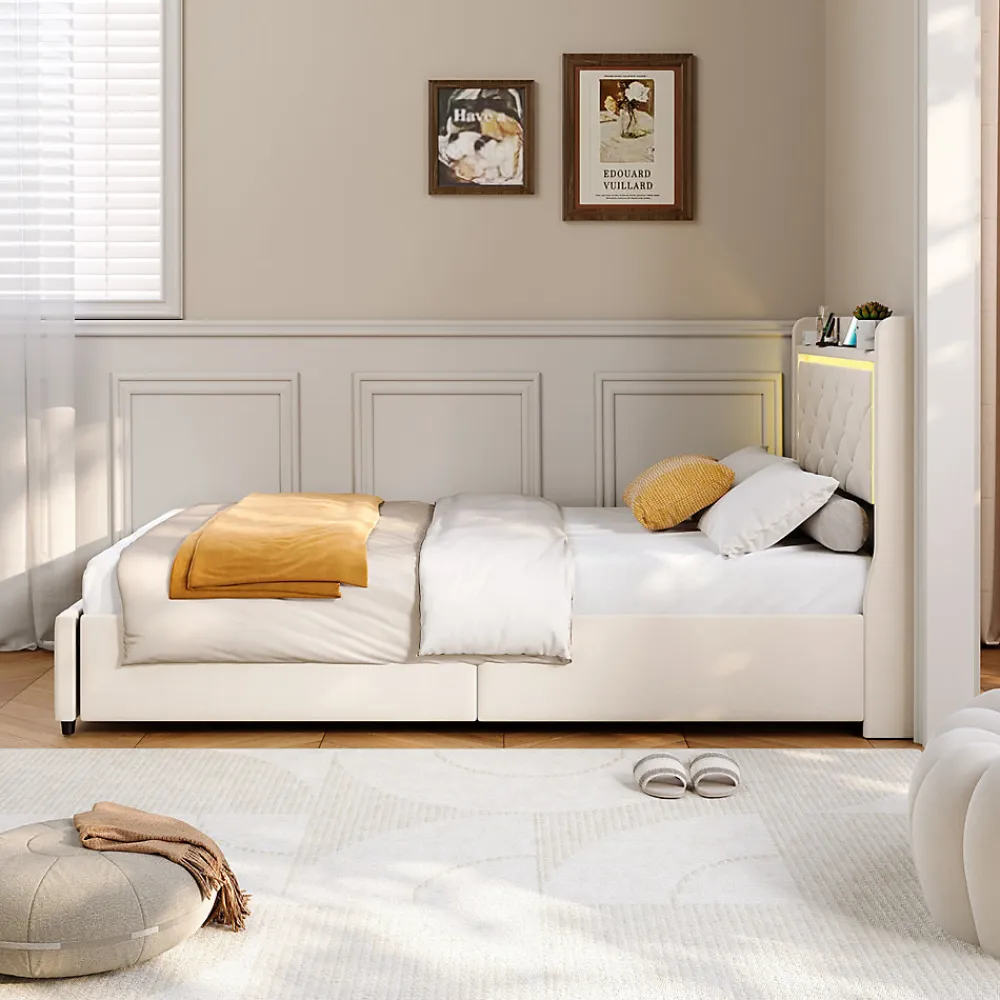 Lit simple 90x200 cm velours beige avec tiroirs, rangement tête et lit à gaz, LED, ports USB et Type-C, design moderne>ProximaX Online