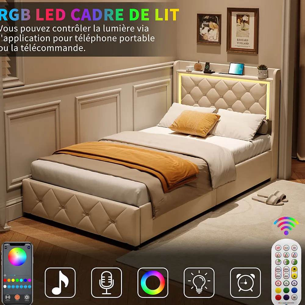 Lit simple 90x200 cm velours beige avec tiroirs, rangement tête et lit à gaz, LED, ports USB et Type-C, design moderne>ProximaX Online
