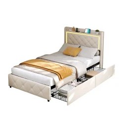 Lit simple 90x200 cm velours beige avec tiroirs, rangement tête et lit à gaz, LED, ports USB et Type-C, design moderne><noscript><img width=