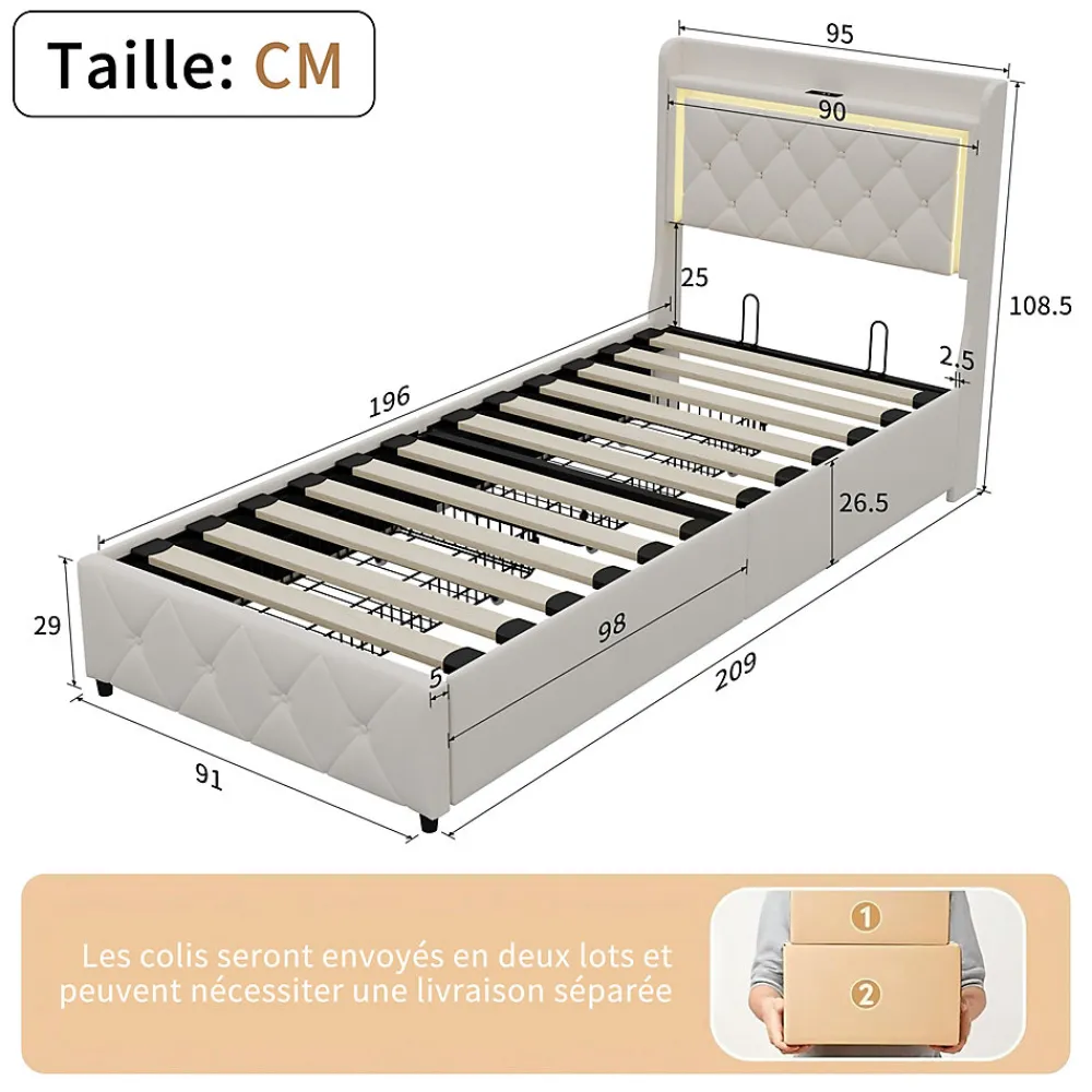 Lit simple 90x200 cm velours beige avec tiroirs, rangement tête et lit à gaz, LED, ports USB et Type-C, design moderne>ProximaX Online