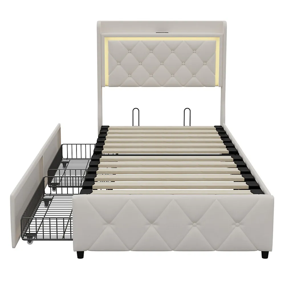 Lit simple 90x200 cm velours beige avec tiroirs, rangement tête et lit à gaz, LED, ports USB et Type-C, design moderne>ProximaX Online