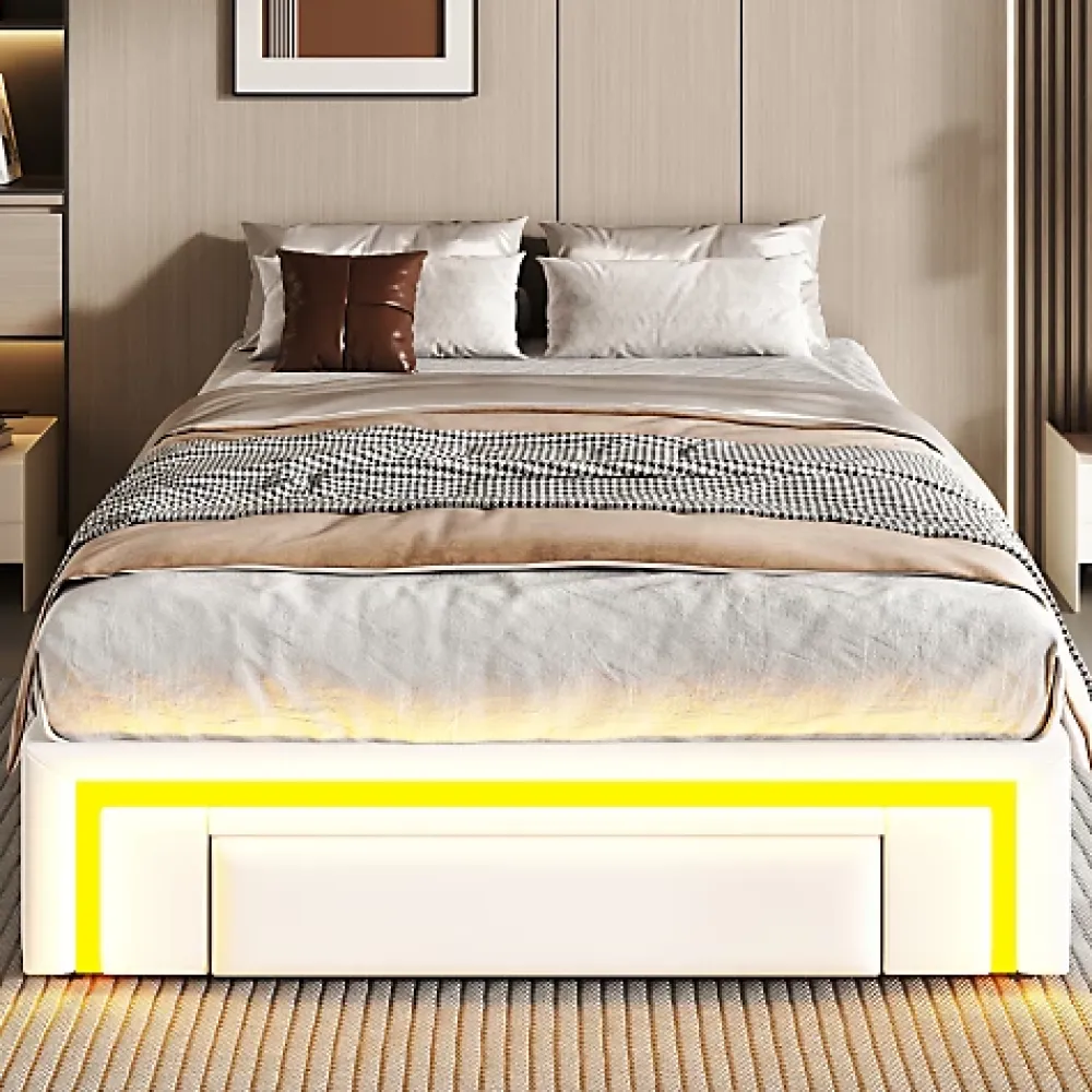 ModernLuxe Lit simple 90x200cm - 2 tiroirs - sans tête de lit - LED - blanc (matelas non inclus)* Lit Simple