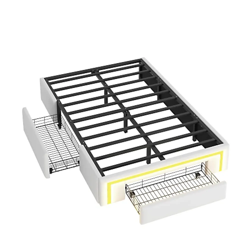 ModernLuxe Lit simple 90x200cm - 2 tiroirs - sans tête de lit - LED - blanc (matelas non inclus)* Lit Simple