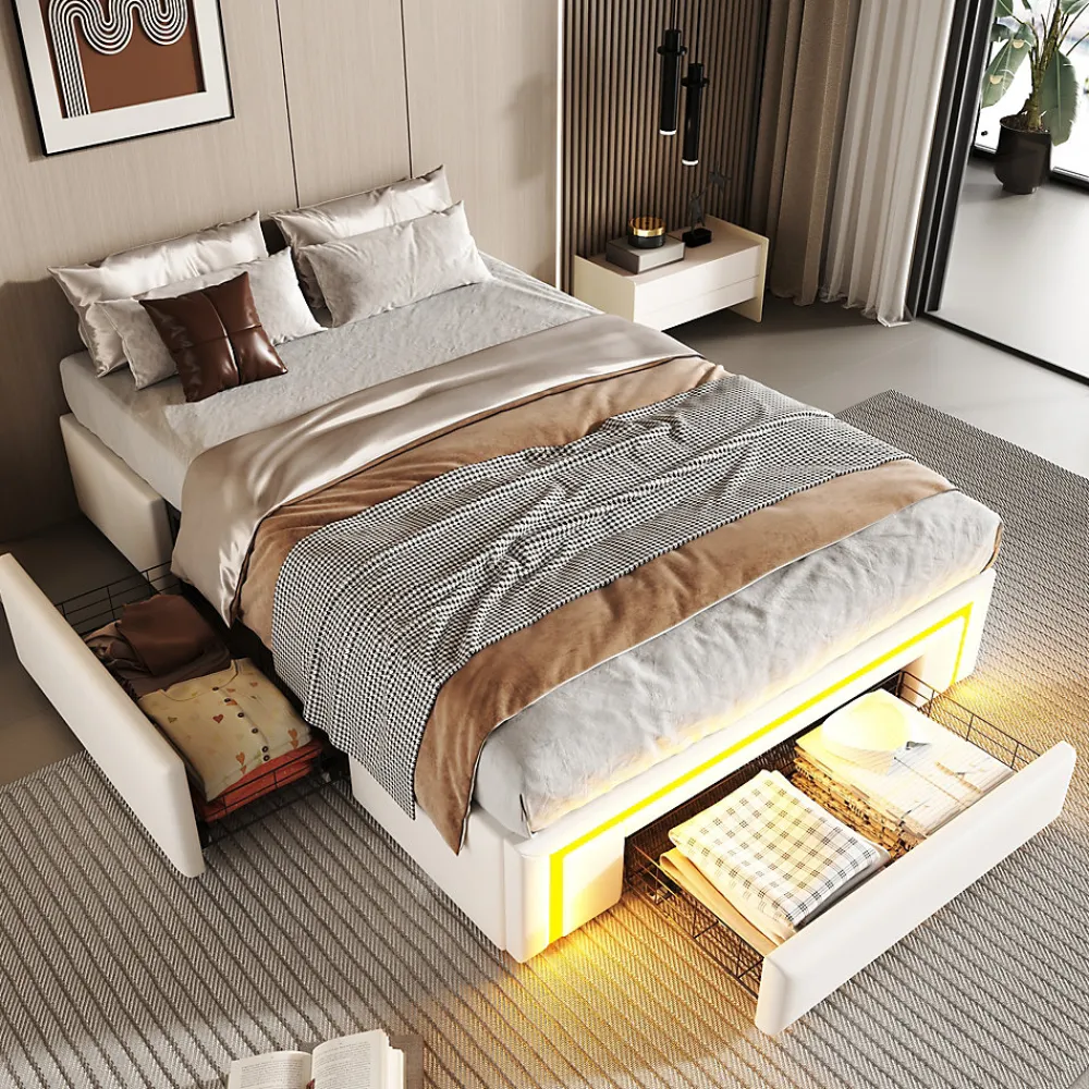 ModernLuxe Lit simple 90x200cm - 2 tiroirs - sans tête de lit - LED - blanc (matelas non inclus)* Lit Simple