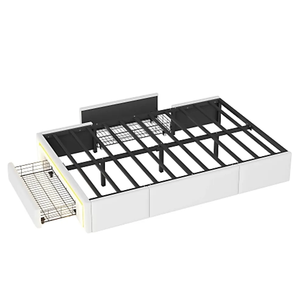 ModernLuxe Lit simple 90x200cm - 2 tiroirs - sans tête de lit - LED - blanc (matelas non inclus)* Lit Simple