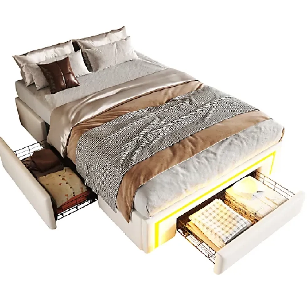 ModernLuxe Lit simple 90x200cm - 2 tiroirs - sans tête de lit - LED - blanc (matelas non inclus)* Lit Simple