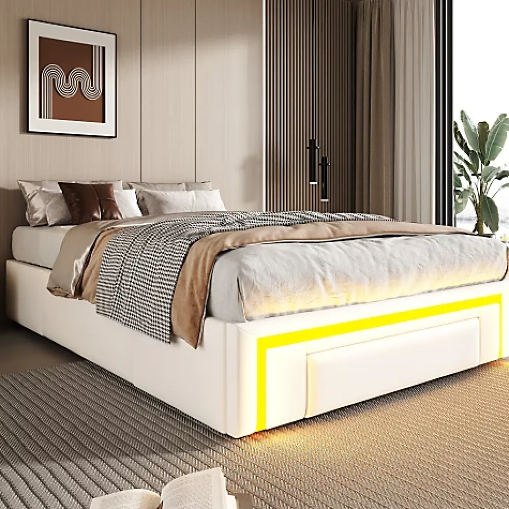 ModernLuxe Lit simple 90x200cm - 2 tiroirs - sans tête de lit - LED - blanc (matelas non inclus)* Lit Simple