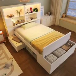 Lit simple 90x200cm - avec lumière LED et port USB - avec banc coffre - grand espace de rangement - Blanc (sans matelas)>ModernLuxe New