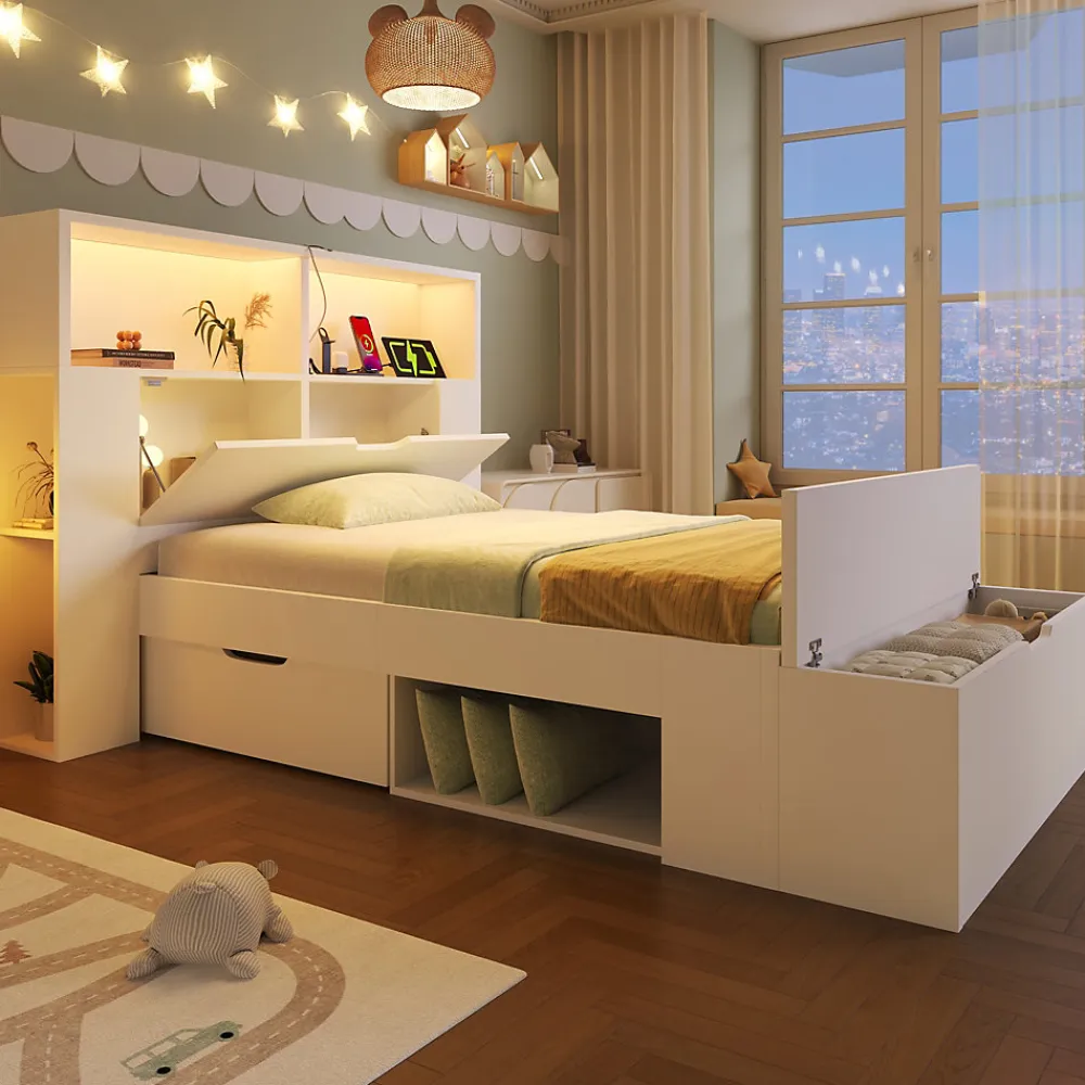 Lit simple 90x200cm - avec lumière LED et port USB - avec banc coffre - grand espace de rangement - Blanc (sans matelas)>ModernLuxe New