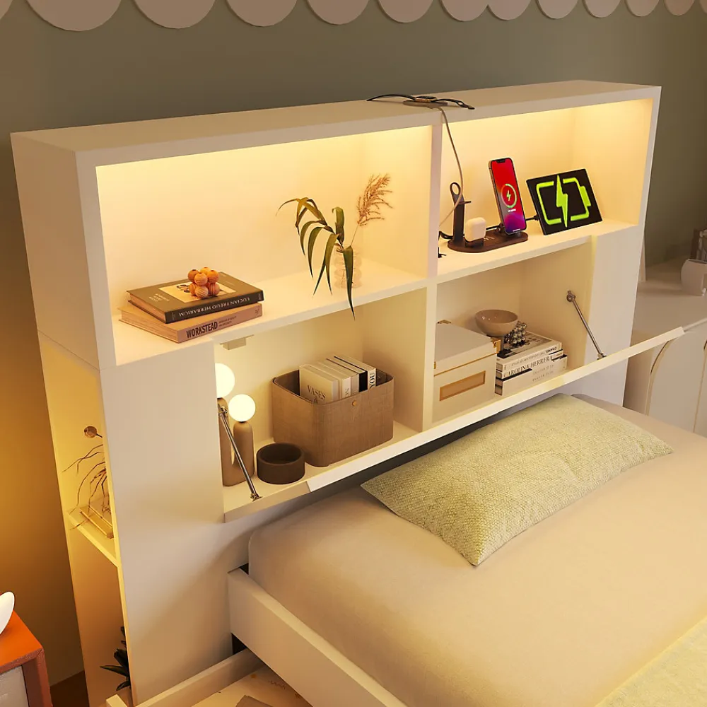 Lit simple 90x200cm - avec lumière LED et port USB - avec banc coffre - grand espace de rangement - Blanc (sans matelas)>ModernLuxe New