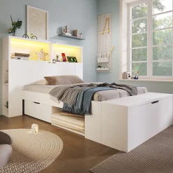 Lit simple 90x200cm - avec lumière LED et port USB - avec banc coffre - grand espace de rangement - Blanc (sans matelas)><noscript><img width=