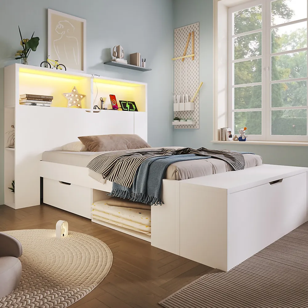 Lit simple 90x200cm - avec lumière LED et port USB - avec banc coffre - grand espace de rangement - Blanc (sans matelas)>ModernLuxe New