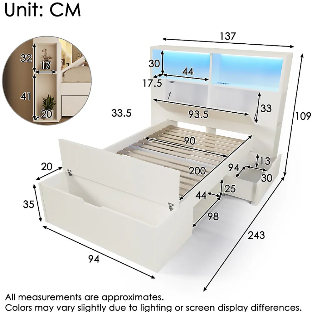 Lit simple 90x200cm - avec lumière LED et port USB - avec banc coffre - grand espace de rangement - Blanc (sans matelas)>ModernLuxe New