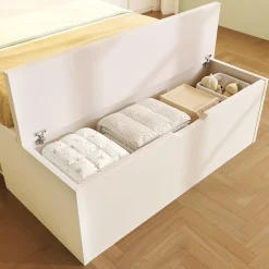 Lit simple 90x200cm - avec lumière LED et port USB - avec banc coffre - grand espace de rangement - Blanc (sans matelas)><noscript><img width=
