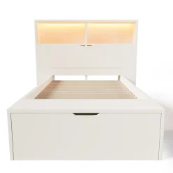 Lit simple 90x200cm - avec lumière LED et port USB - avec banc coffre - grand espace de rangement - Blanc (sans matelas)><noscript><img width=