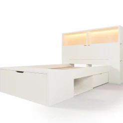 Lit simple 90x200cm - avec lumière LED et port USB - avec banc coffre - grand espace de rangement - Blanc (sans matelas)><noscript><img width=