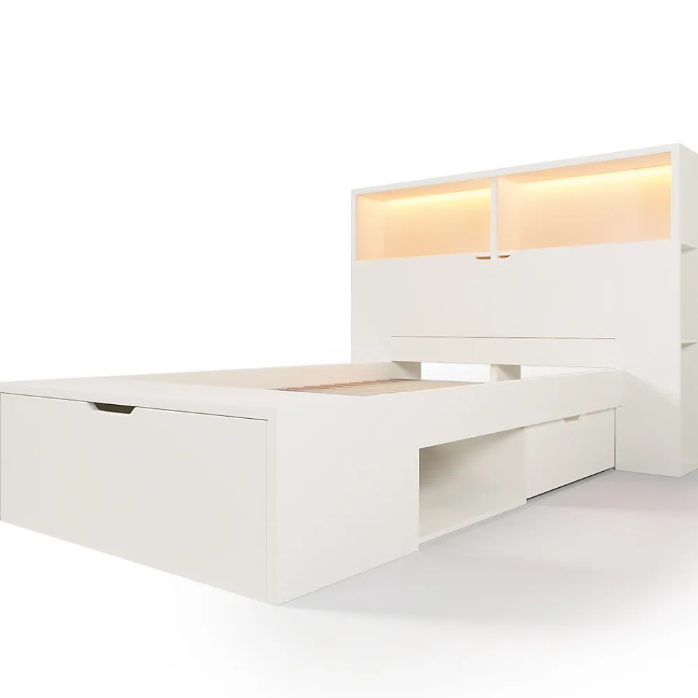 Lit simple 90x200cm - avec lumière LED et port USB - avec banc coffre - grand espace de rangement - Blanc (sans matelas)>ModernLuxe New