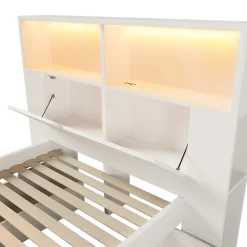 Lit simple 90x200cm - avec lumière LED et port USB - avec banc coffre - grand espace de rangement - Blanc (sans matelas)><noscript><img width=