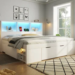 Lit simple 140x200cm - LED - USB-C - rangements - table de chevet mobile - blanc (matelas non inclus)><noscript><img width=