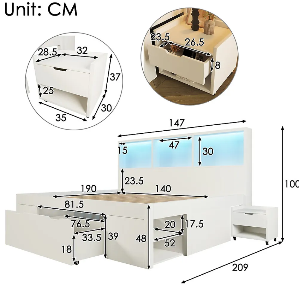 Lit simple 140x200cm - LED - USB-C - rangements - table de chevet mobile - blanc (matelas non inclus)>ModernLuxe Hot