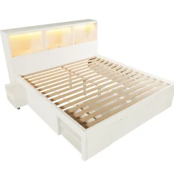 Lit simple 140x200cm - LED - USB-C - rangements - table de chevet mobile - blanc (matelas non inclus)><noscript><img width=