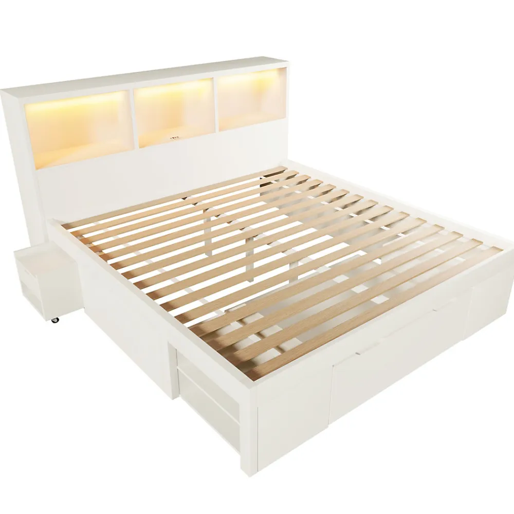 Lit simple 140x200cm - LED - USB-C - rangements - table de chevet mobile - blanc (matelas non inclus)>ModernLuxe Hot