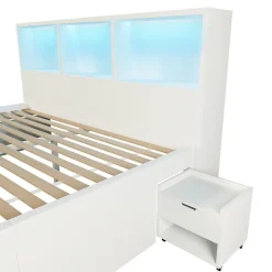 Lit simple 140x200cm - LED - USB-C - rangements - table de chevet mobile - blanc (matelas non inclus)><noscript><img width=