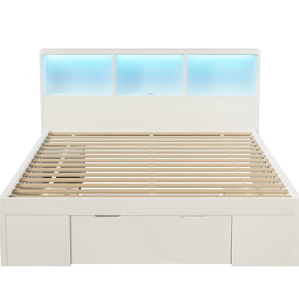 Lit simple 140x200cm - LED - USB-C - rangements - table de chevet mobile - blanc (matelas non inclus)>ModernLuxe Hot