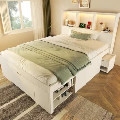 Lit simple 90x200cm - LED - USB-C - rangements - table de chevet mobile - blanc (matelas non inclus)>ModernLuxe Outlet