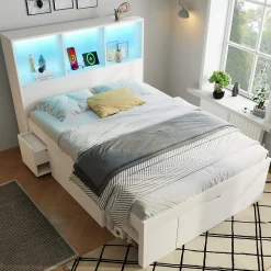 Lit simple 90x200cm - LED - USB-C - rangements - table de chevet mobile - blanc (matelas non inclus)><noscript><img width=