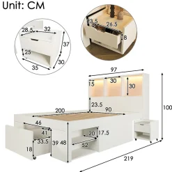 Lit simple 90x200cm - LED - USB-C - rangements - table de chevet mobile - blanc (matelas non inclus)><noscript><img width=