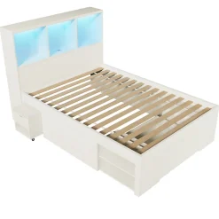 Lit simple 90x200cm - LED - USB-C - rangements - table de chevet mobile - blanc (matelas non inclus)><noscript><img width=
